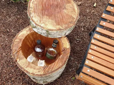 Side table from a log with hidden bar