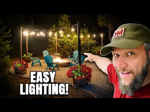 Hanging String Lights Around My Fire Pit! I Used Whiskey Barrel Planters