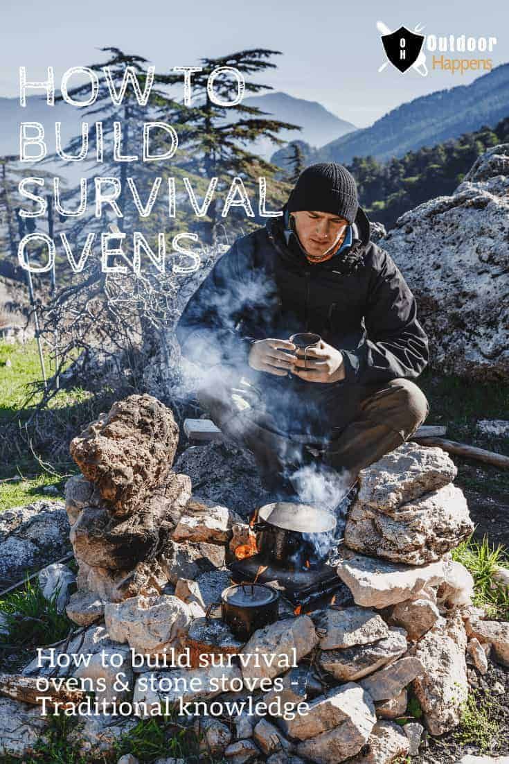 how-to-build-survival-oven-stone-stove a man sits having coffee in the front of a stone oven in nature