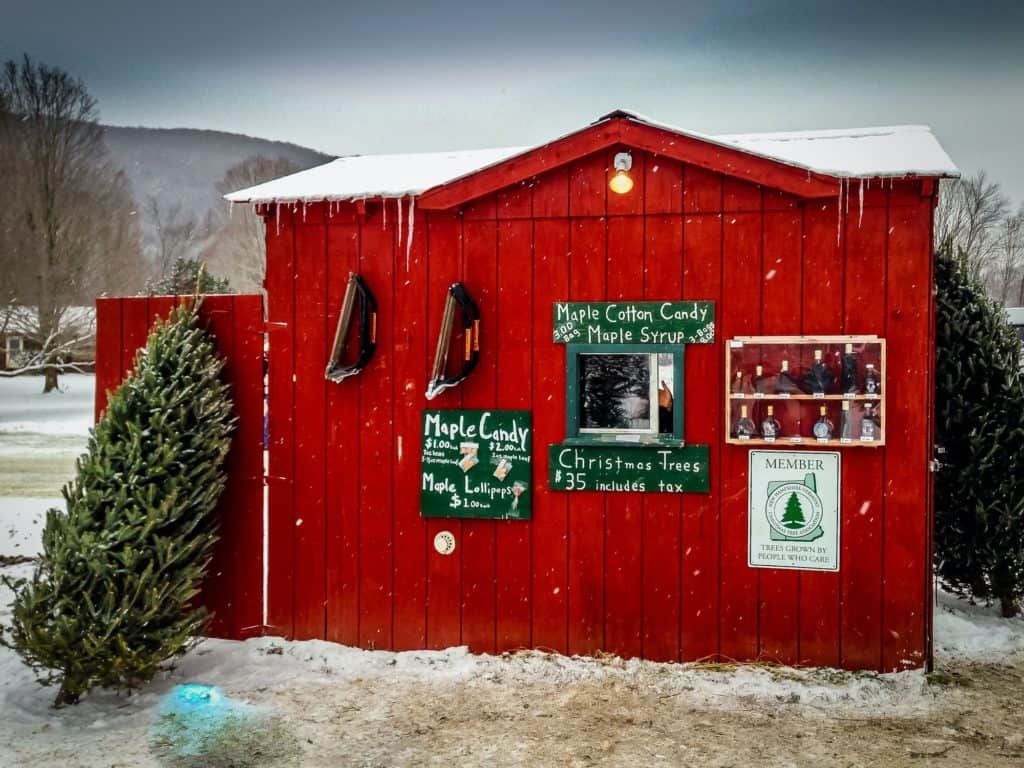 A Christmas tree farm in Vermont that offers many homegrown maple goodies too. See the saws on the wall ready for you to use!