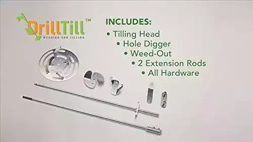 Drill Till - 3 Tools in 1 [Includes Hole Digger, Weeder, Tiller, and 2 Rods] Use With Cordless Drill