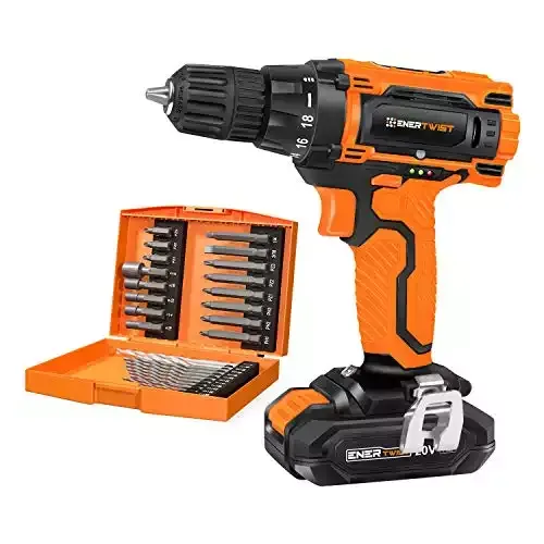 EnerTwist 20V Max Cordless Drill, 3/8" With Lithium Ion Battery and Charger, Variable Speed, 19 Positions, and 28-Piece Drill/Driver Accessory Kit
