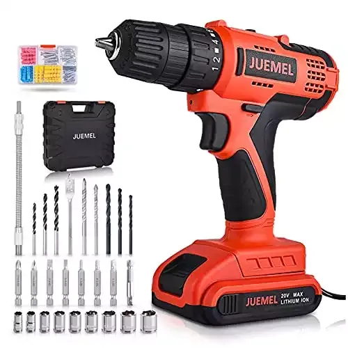 Juemel Cordless Drill With 100pcs Accessory Kit, 20V, 2-Speed + Variable Speed Trigger, 3/8'' Keyless Chuck, 18+1 Clutch, and 2Ah Lithium-Ion Battery