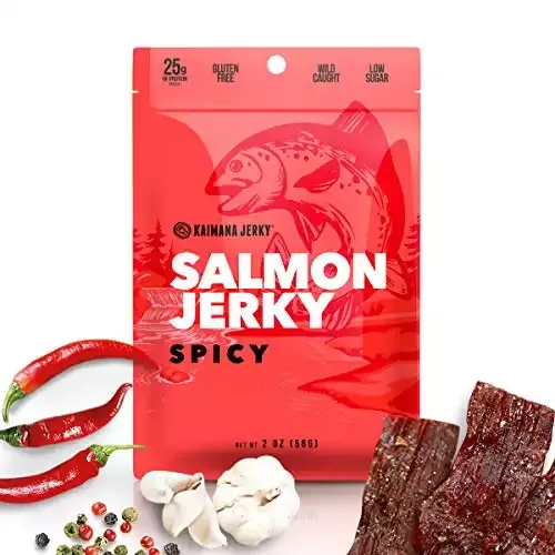 Kaimana Jerky Wild Caught Salmon Jerky - Organic Gourmet Dried Fish Strips Rich in Omega-3 & Protein - Low-Calorie Sweet Seafood Snack with No Gluten, Less Sodium & Sugar - Spicy Flavor - 2oz ...