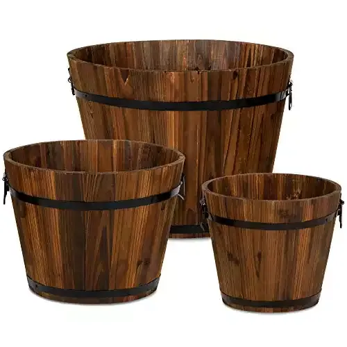 3 Wooden Bucket Barrel Garden Planters | Best Choice Product