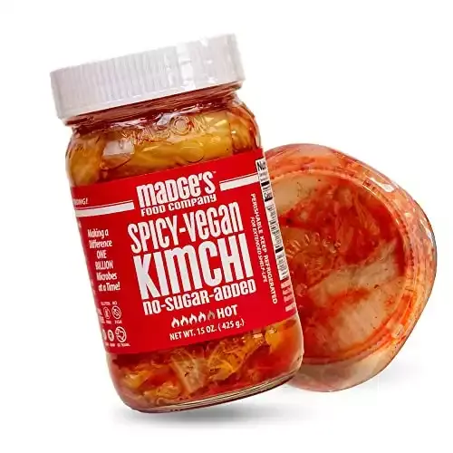 Madge's Food Traditional Spicy Vegan Kimchi Made from Napa Cabbage, Contains Probiotics, Gut Enzymes & Fermented Longer for Increased Health Benefits, No Sugar Added, Hot, 15oz