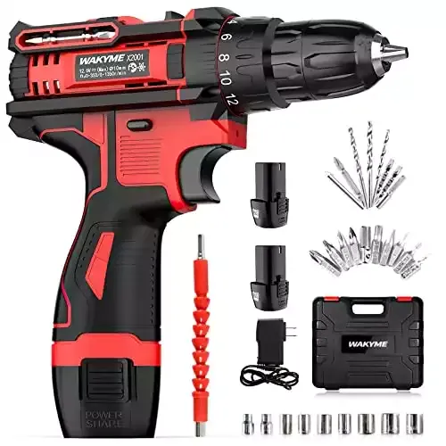 Wakyme 12.6V Cordless Drill Driver Kit With 2 Batteries, 30Nm, 18+3 Clutch, 3/8" Keyless Chuck, LED Light, Variable Speed