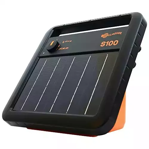 Gallagher S100 Solar Electric Fence Charger | Powers Up to 30 Mile / 100 Acres of Fence | Low Impedance, 1.0 Stored Joule Energizer | Battery Saving Technology | Solar Battery & Leadsets Included
