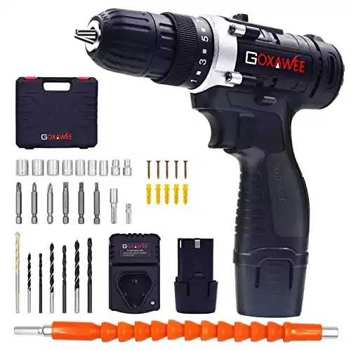 Goxawee Cordless Drill Set With 2 Batteries, 100pcs Accessory Set, and Tool Case (High Torque, 2-Speed, 10mm Auto Chuck)