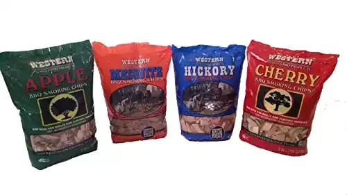 Western BBQ Smoking Wood Chips Variety Pack Bundle - Apple, Mesquite, Hickory, and Cherry Flavors