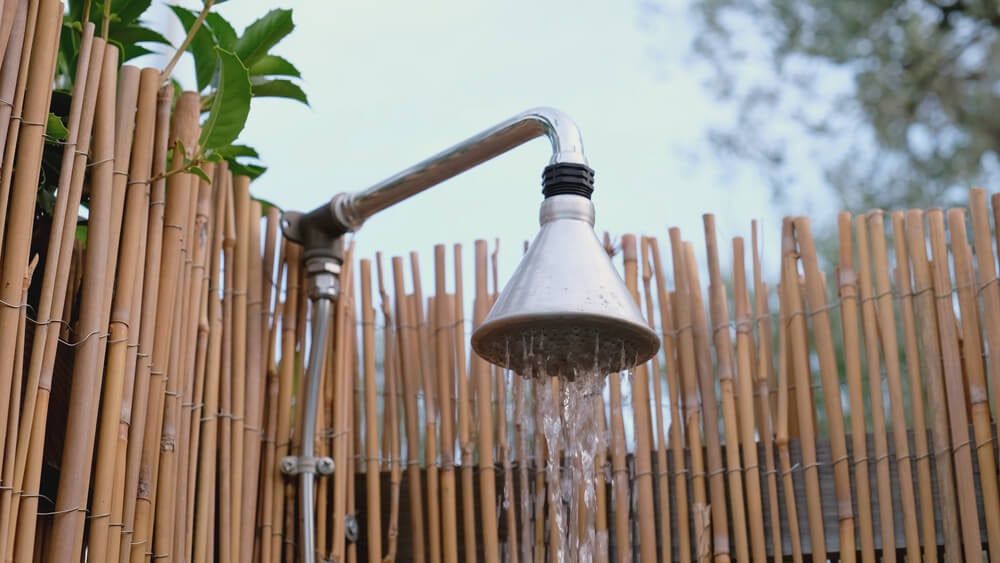 outdoor off grid garden shower made from bamboo