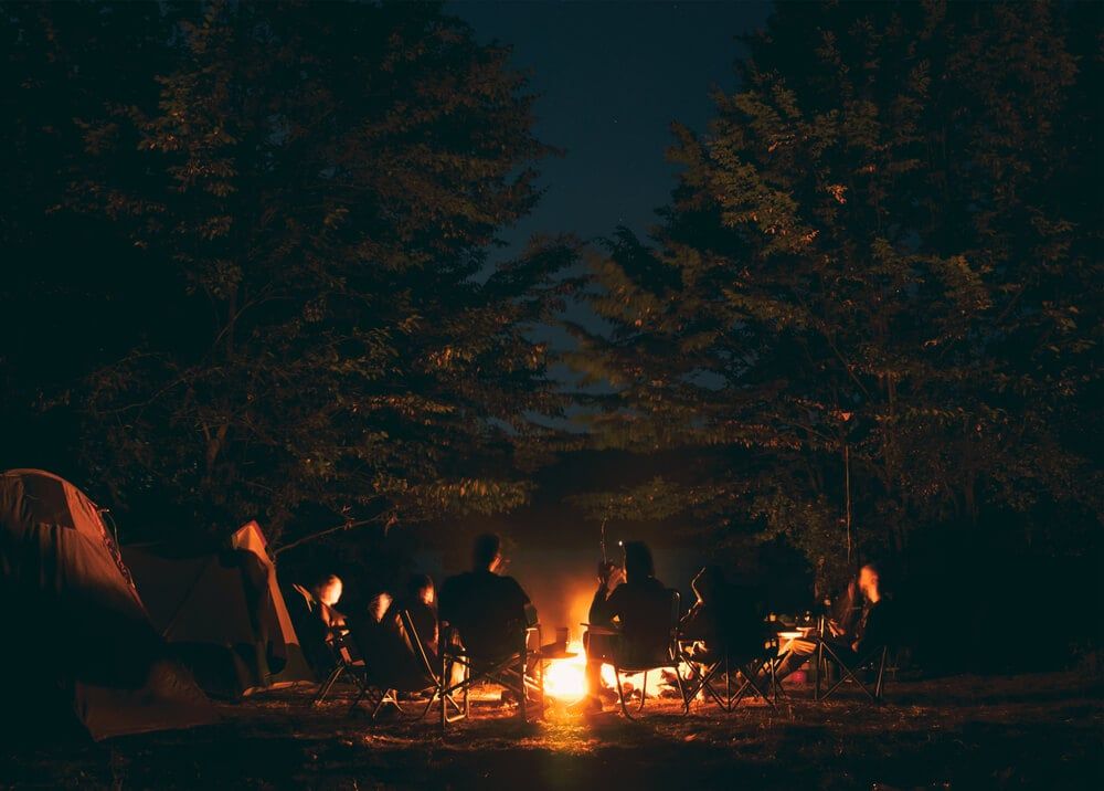 group of campers sitting around bonfire at night