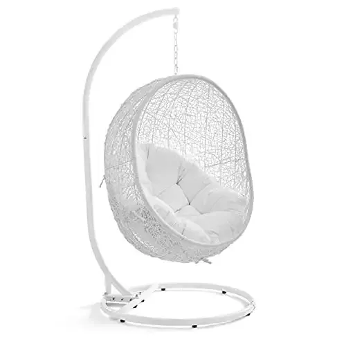 Modway Hide Wicker Rattan Outdoor Patio Porch Lounge Egg Swing Chair Set with Stand in White