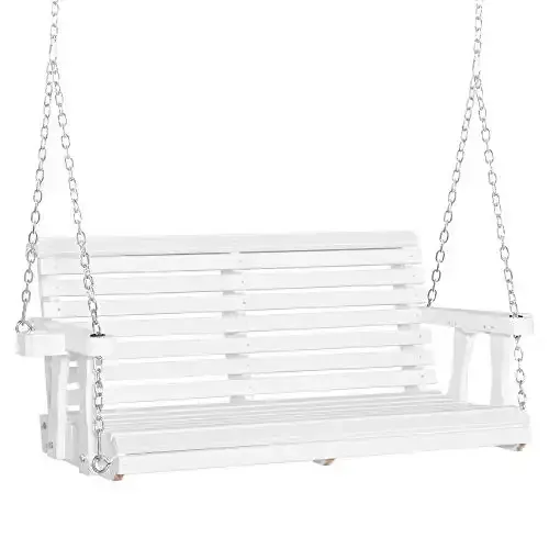 Outsunny 46" 2 Person Wooden Hanging Porch Swing Bench, Slatted Front Porch Swing Outdoor Chair with Cupholder Armrests 440 lbs. Weight Capacity, White