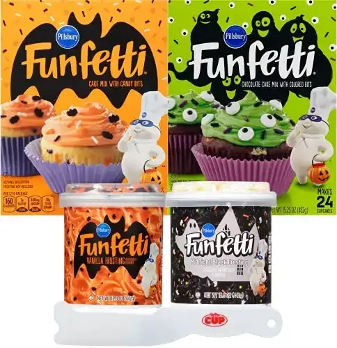 Funfetti Halloween Bundle - Chocolate Slime Cake Mix and Halloween Cake Mix With Black Chocolate and Orange Vanilla Funfetti Frosting and Spreader