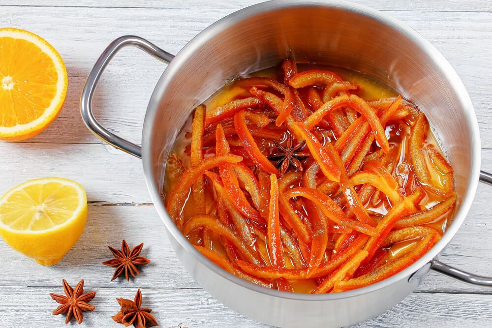 candied orange peels and lemon cooked in syrup