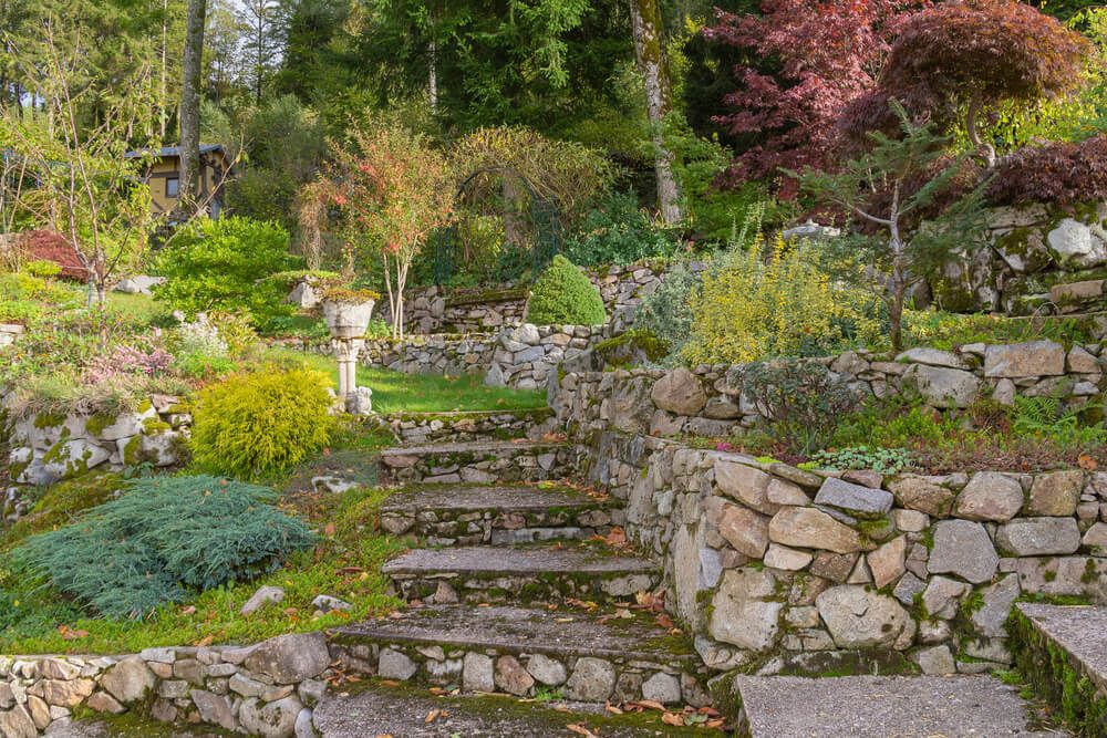 idyllic garden scenery with stone steps colorful trees and thick green grass