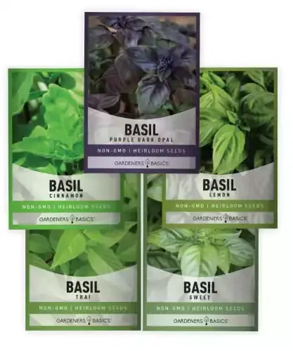 Basil Seeds for Planting Home Garden Herbs - 5 Variety Herb Pack Thai, Lemon, Cinnamon, Sweet and Dark Opal Basil Seeds