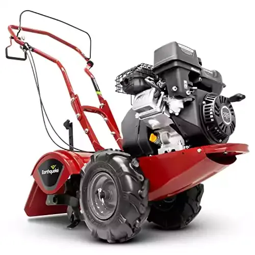 EARTHQUAKE Victory Rear Tine Tiller, Powerful 209cc 4-Cycle Viper Engine, Rugged Bronze Gear Transmission, Counter-Rotating Tines, Instant Reverse, Pneumatic Wheels, Model: 39381, Red/Black