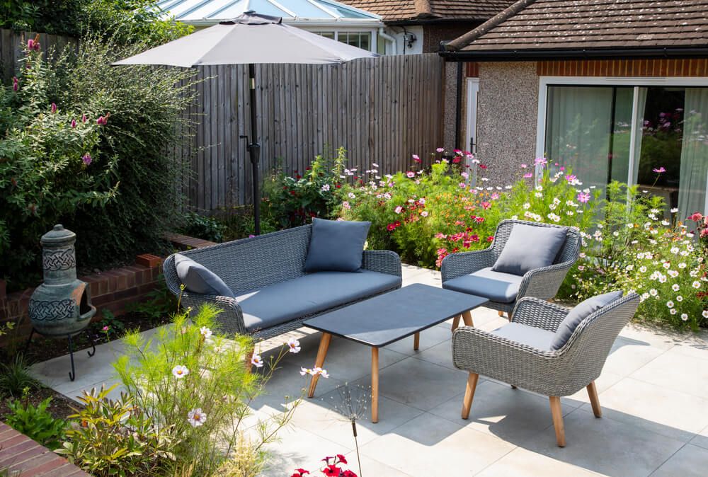 backyard garden furniture on the patio on a sunny day
