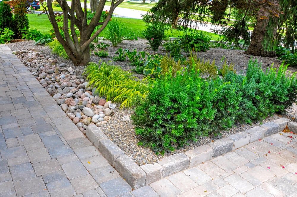 lovely rock and shrub garden with plants natural stone and tumbled pavers