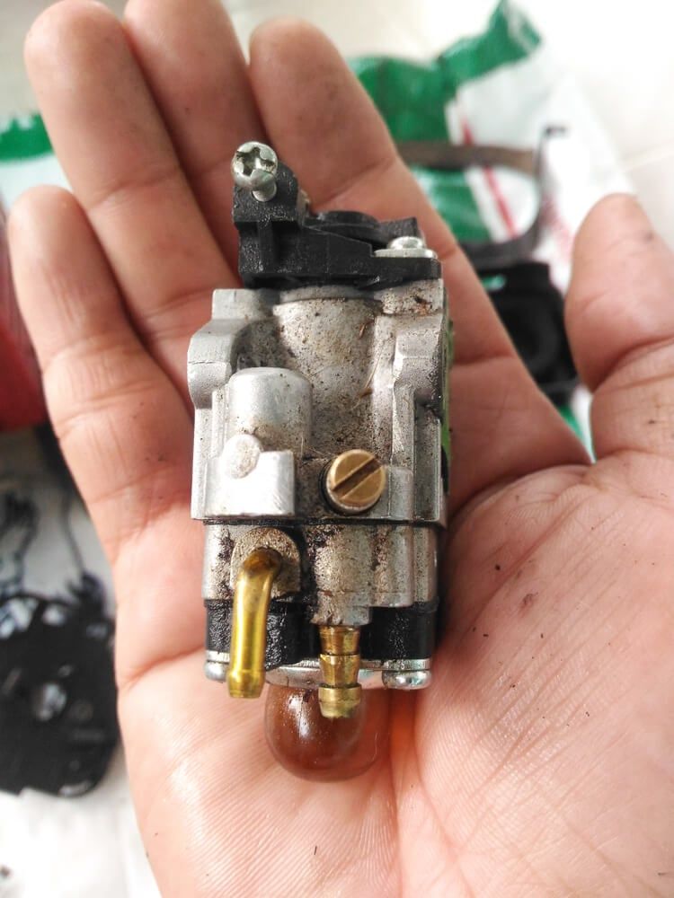 holding isolated lawn mower carburetor in hand