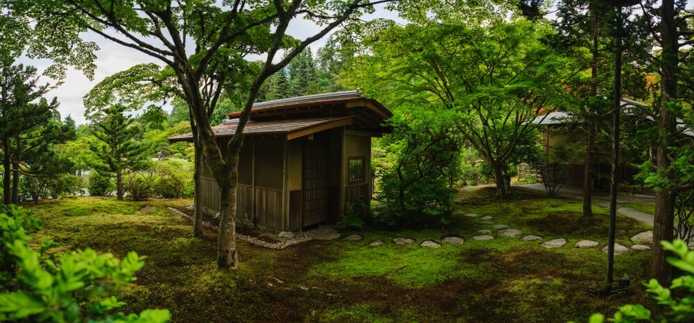 tea house in the middle of a zen garden forest