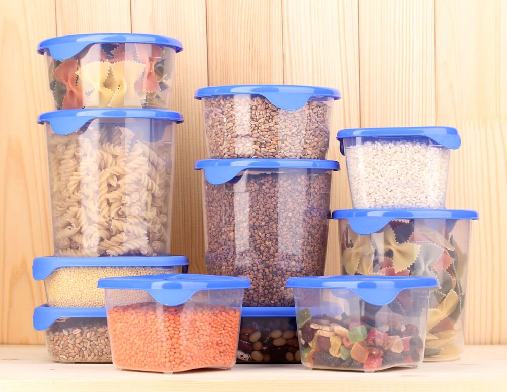 food grade plastic containers stuffed with colorful and yummy pasta grains and snacks