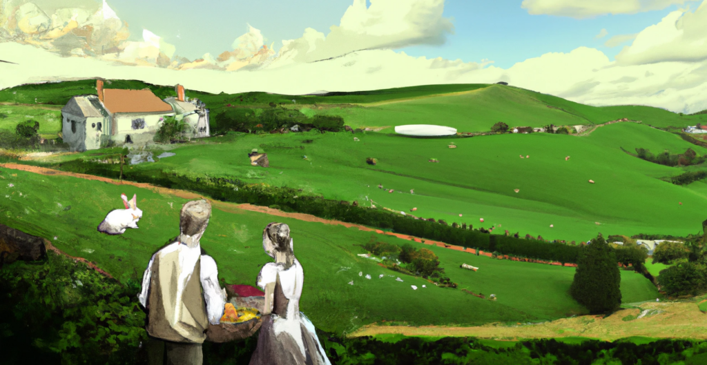 A farmer and his wife with meat rabbits overlooking the homestead.png