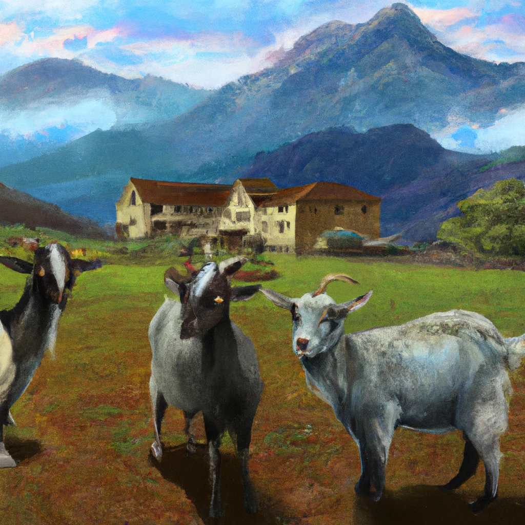 Art of three goats in a lush paddock with a beautiful homestead and mountains