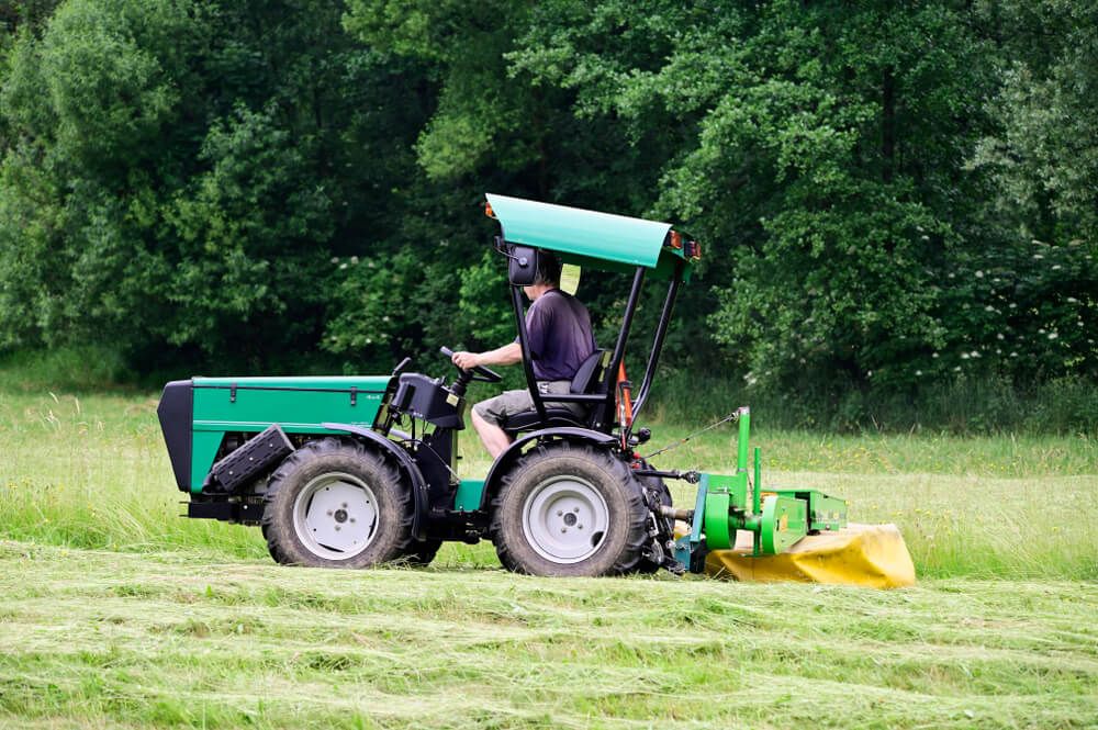 mowing thick grass with a medium tractor on a warm summer day