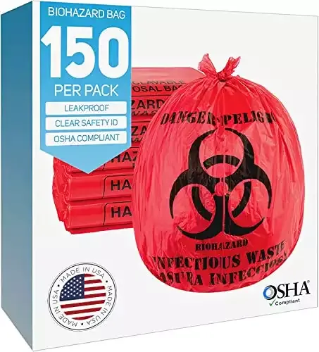 Biohazard Waste Bags | 10-Gallon | 24x24 | Red Hazardous Trash Can Liners | Medical Grade No Leak Bags
