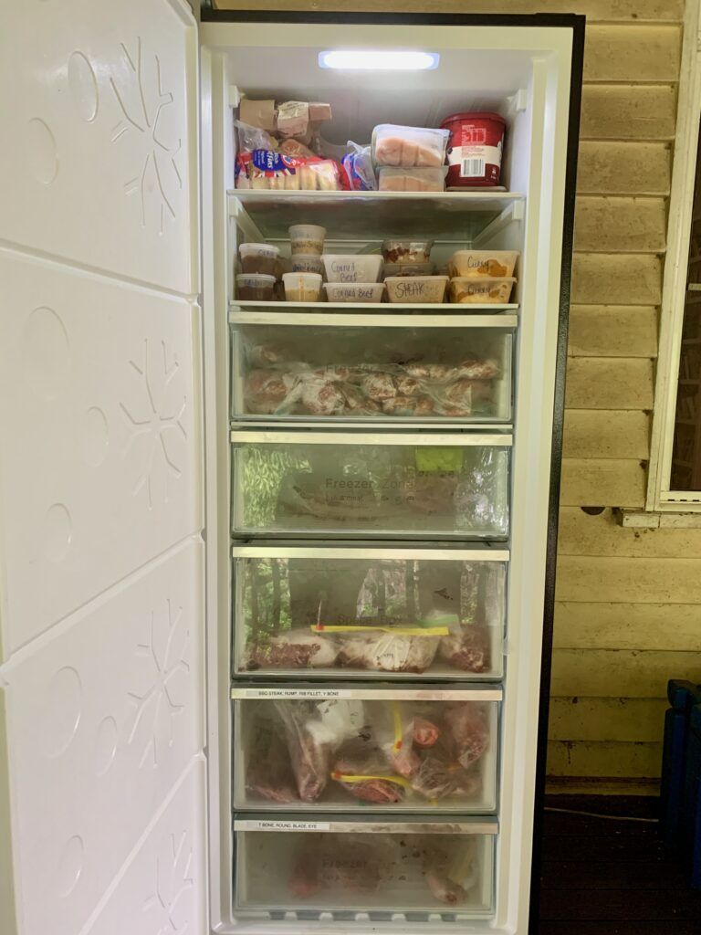 Elle's upright freezer full of homegrown beef. We use chest freezers as well, but the uprights are by far my favorite. I can label the draws and keep everything organized! This freezer fits half a cow. 