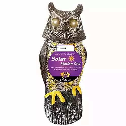 Owlsome Solar Owl with Flashing Eyes, Rotating Head, Hoot Sound, Motion Detector and Silent Mode, Plastic Owl Garden Sculpture, Garden Decoration