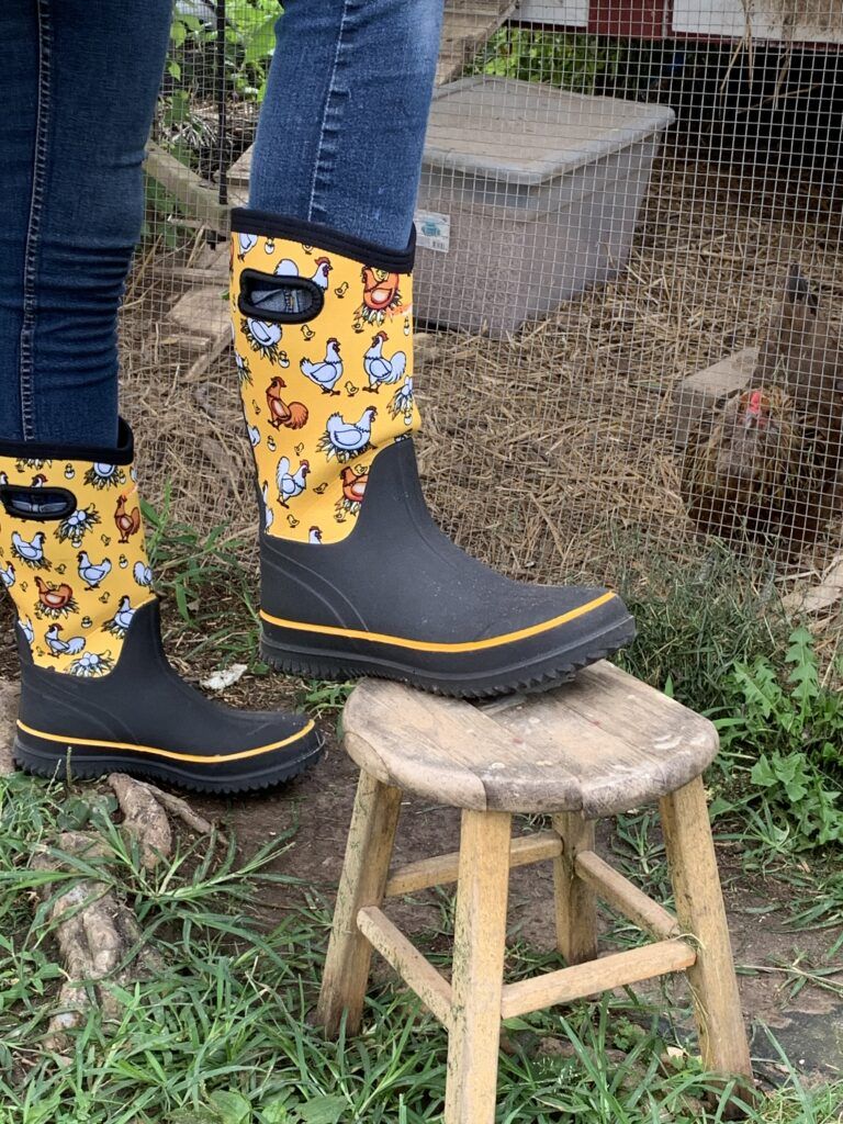 hisea boots in front of chicken coop
