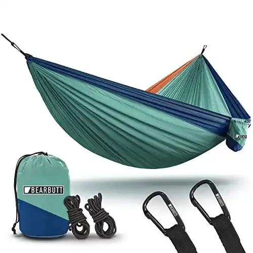 Bear Butt Lightweight Double Camping Parachute Hammock-Large, Portable Two-Person Hammock for Hiking & Backpacking - 16 Colors Available (Turquoise / Dark Blue / Coral)