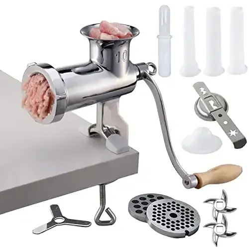 CAM2 304 Stainless Steel Heavy Duty Manual Meat Grinder #10 Clamp-on Hand Grinder