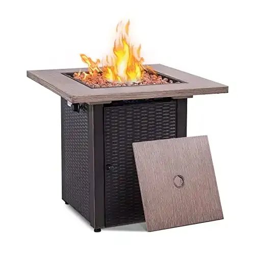 Joyside Fire Table 28in Patio Propane Fire Pit Table with Lid and Cover Outdoor 50,000 BTU Steel Square Fire Table Adjustable Flame, Similation Weave Pattern for Patio/Balcony/Backyard