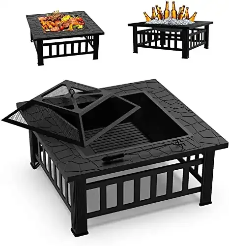 Fire Pit 32 Inches Wood Burning Outdoor Fire pits, Square Metal Fire Pits Table Wood Fire Pit Outside Patio Outdoor Fireplace for Garden BBQ Stove with Spark Screen Cover and Poker