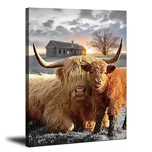 Highland Cow Canvas Wall Art Animal Print Pictures Highland Fluffy Cattle Photo Framed Farmhouse Painting 12x16 inches for Home Decor