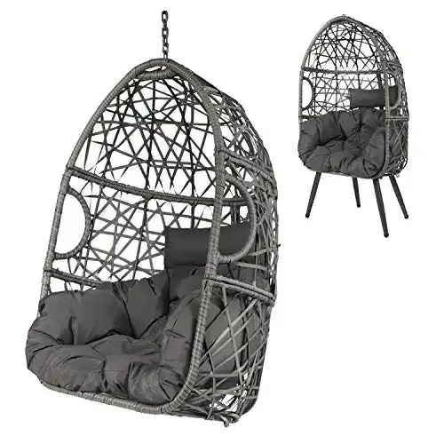 LAZZO Swing Egg Chair, Rattan Hanging Chair, Indoor & Outdoor Hammock Chair with Seat Cushion & Pillow for Patio Porch Lounge Bedroom (Stand not Included)