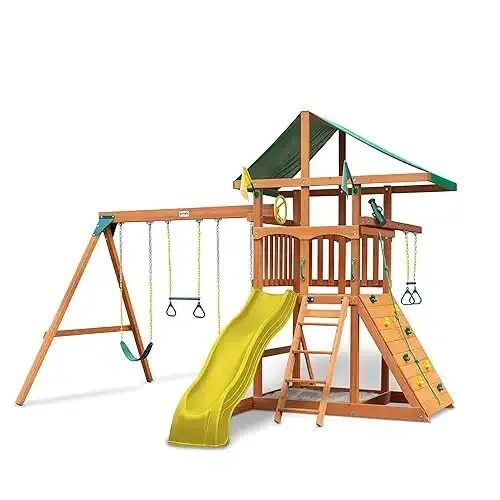 Gorilla Playsets 01-1064-Y Outing Wood Swing Set with Green Vinyl Canopy and Trapeze Arm - Yellow Slide
