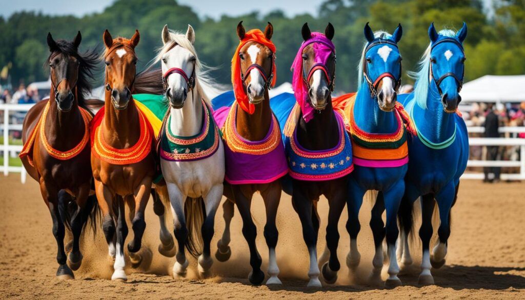 Horses dressed in colorful outfits, looking like the movie 'Braveheart' for our funny horse names list